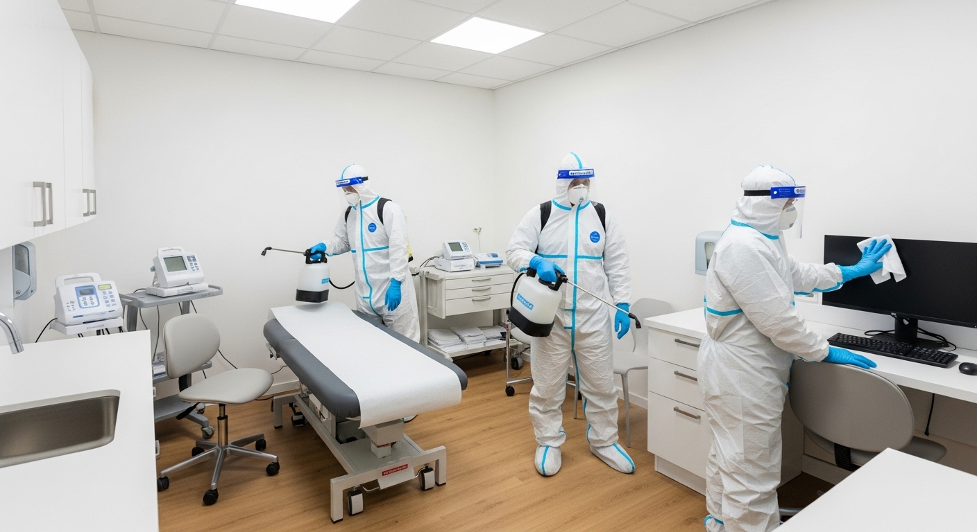 Medical cleaning team disinfecting clinic room