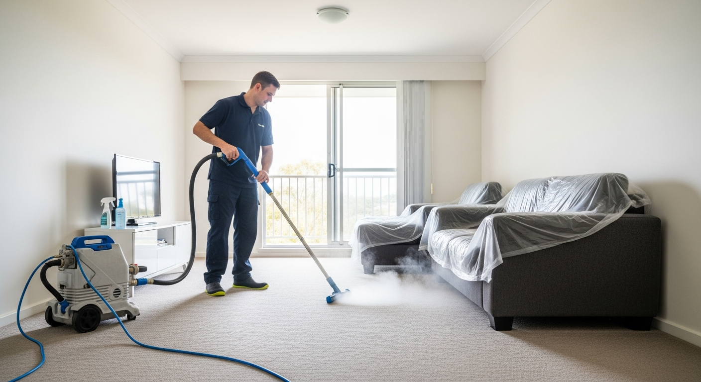 Cleaner steam cleaning carpet in apartment