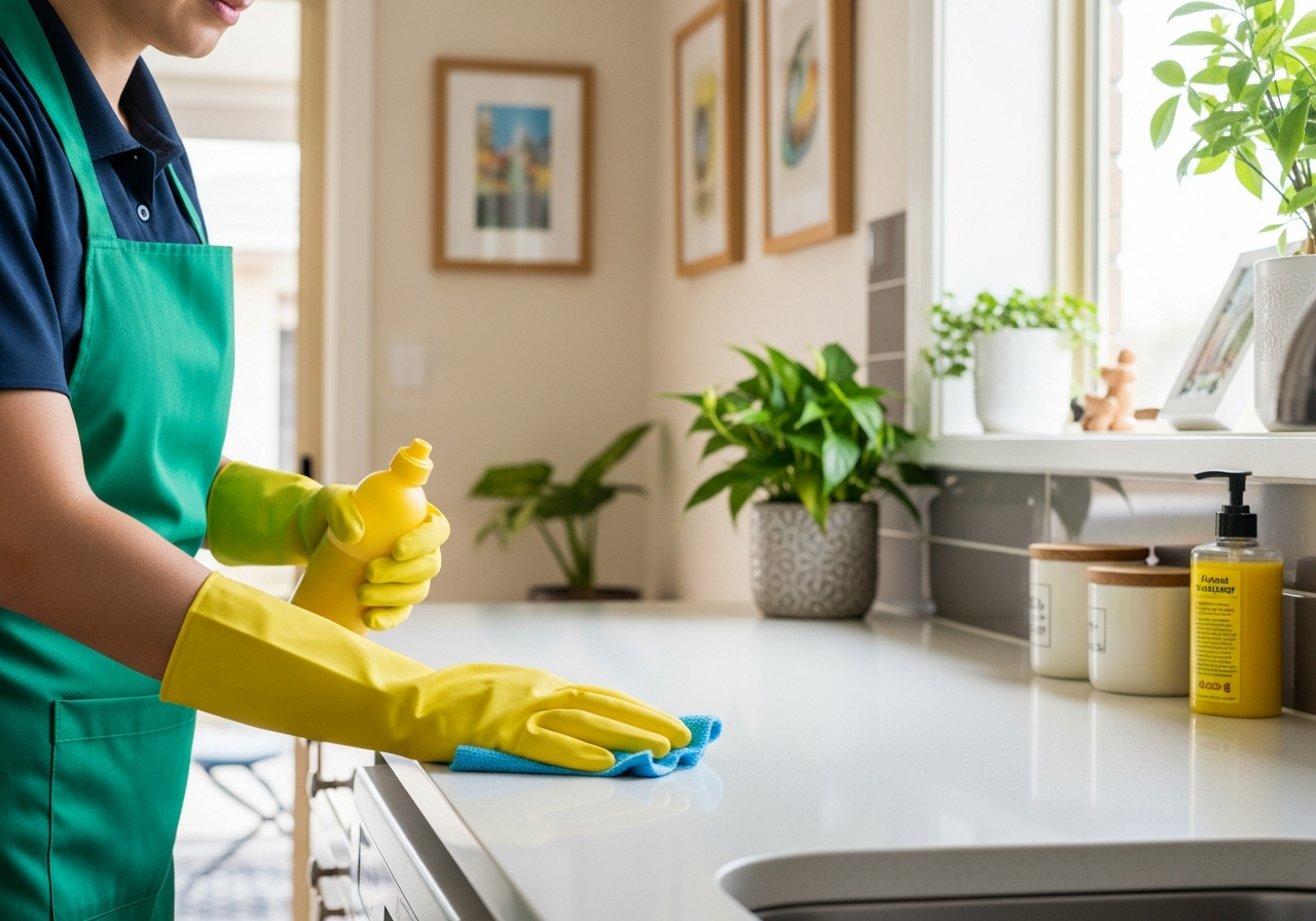 Cleaner polishing a kitchen bench