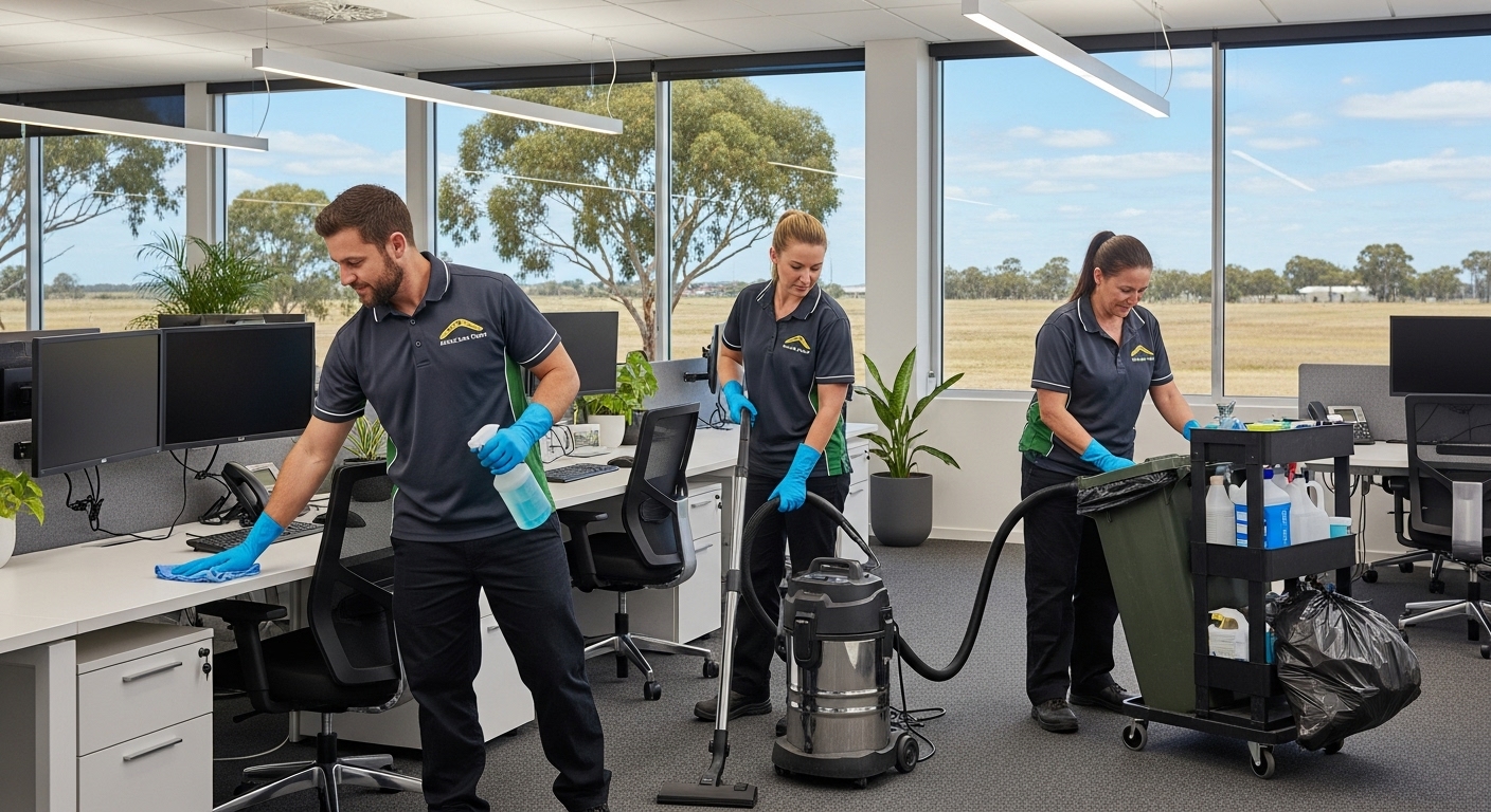 Commercial cleaners working in office