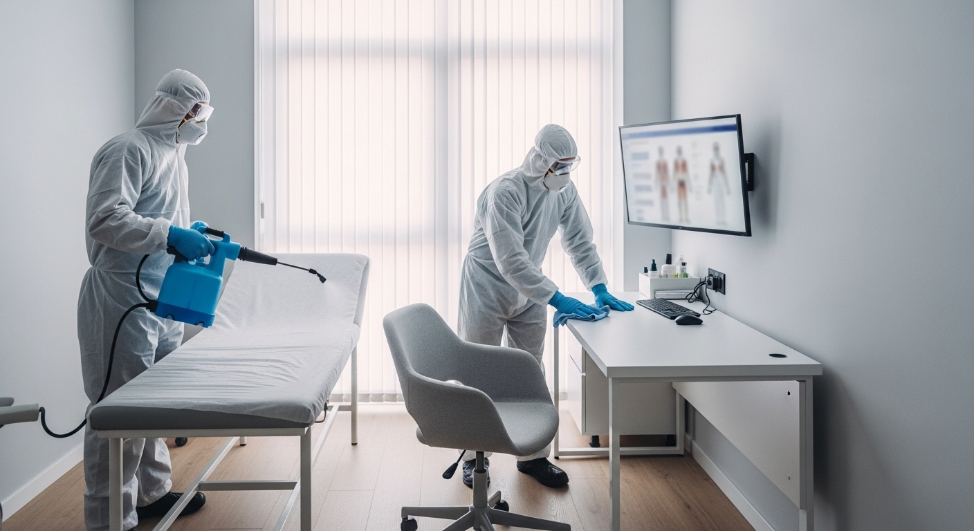 Medical centre cleaners disinfecting consultation room