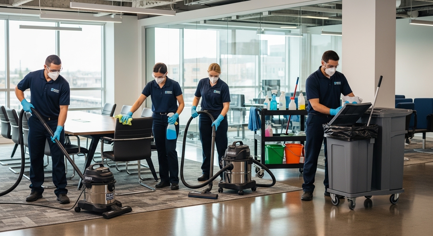 Professional cleaners working in an office