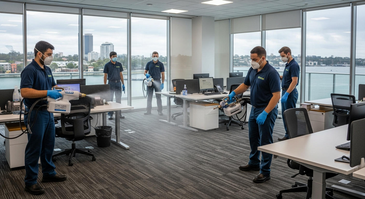 Commercial cleaners sanitising an office