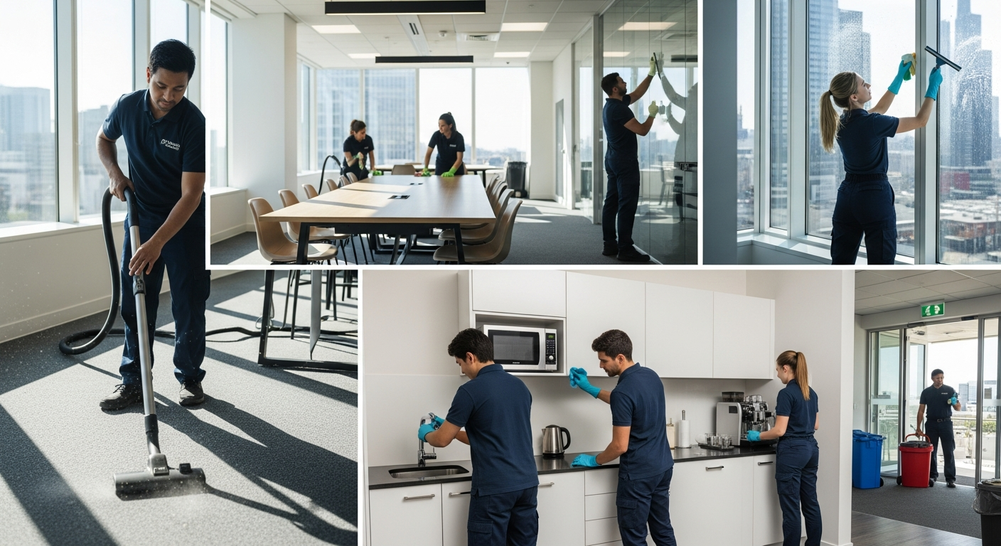 Commercial cleaning team at work