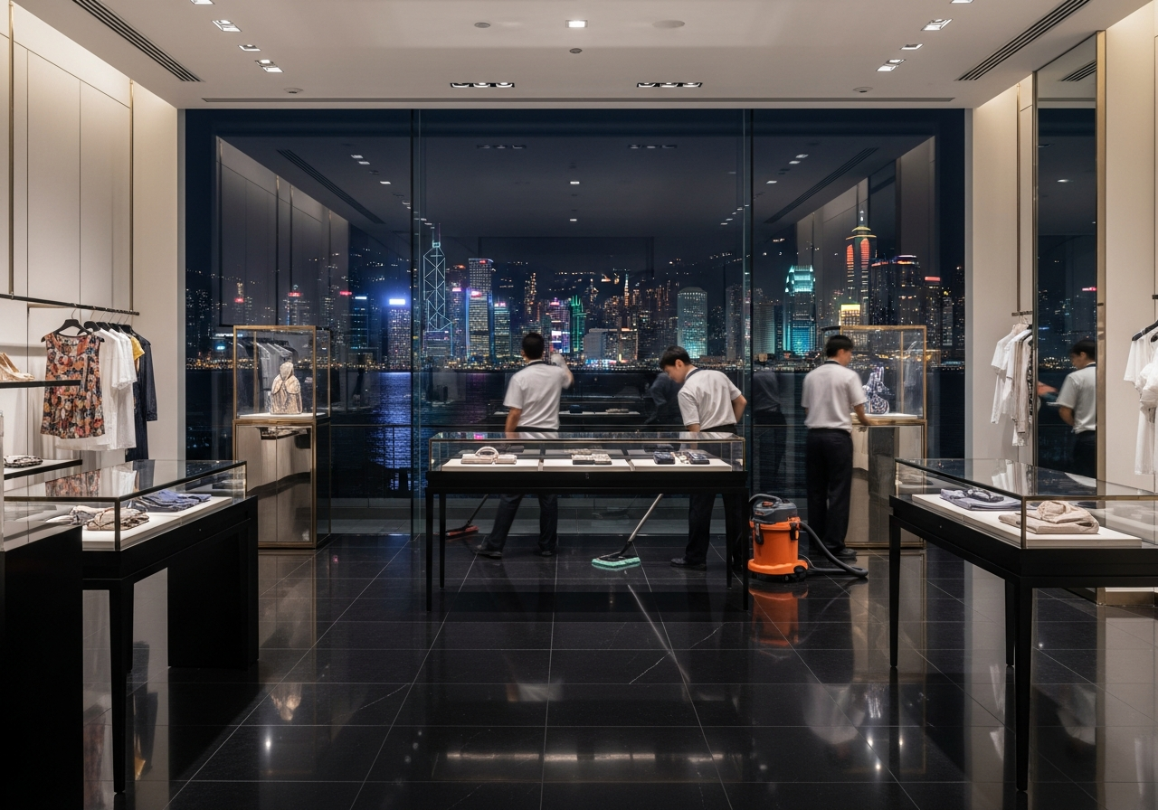 Night-time cleaning crew in boutique retail space