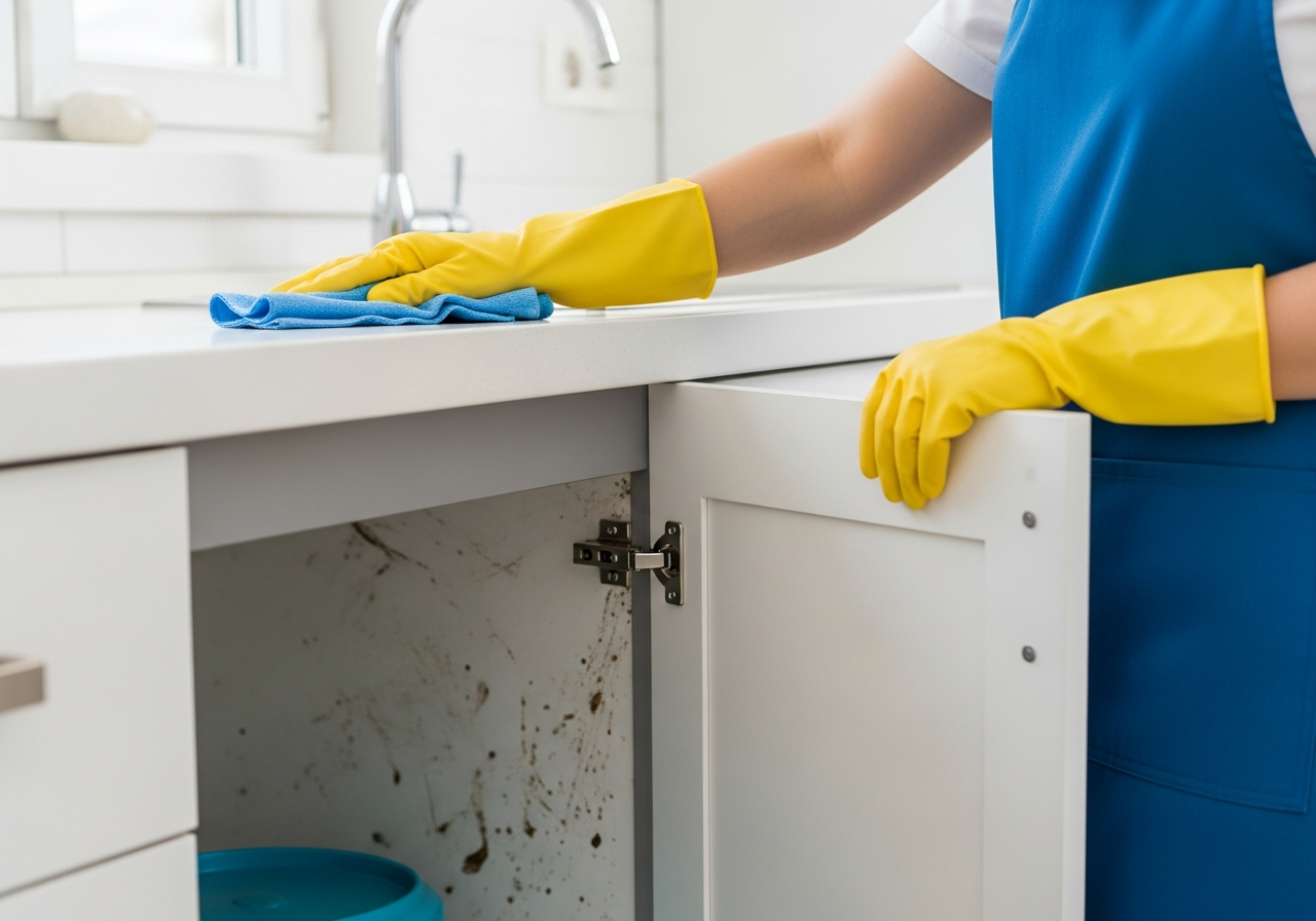 Cleaner wiping kitchen bench during vacate clean