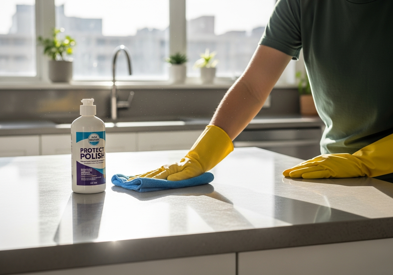 End of lease cleaner polishing kitchen bench