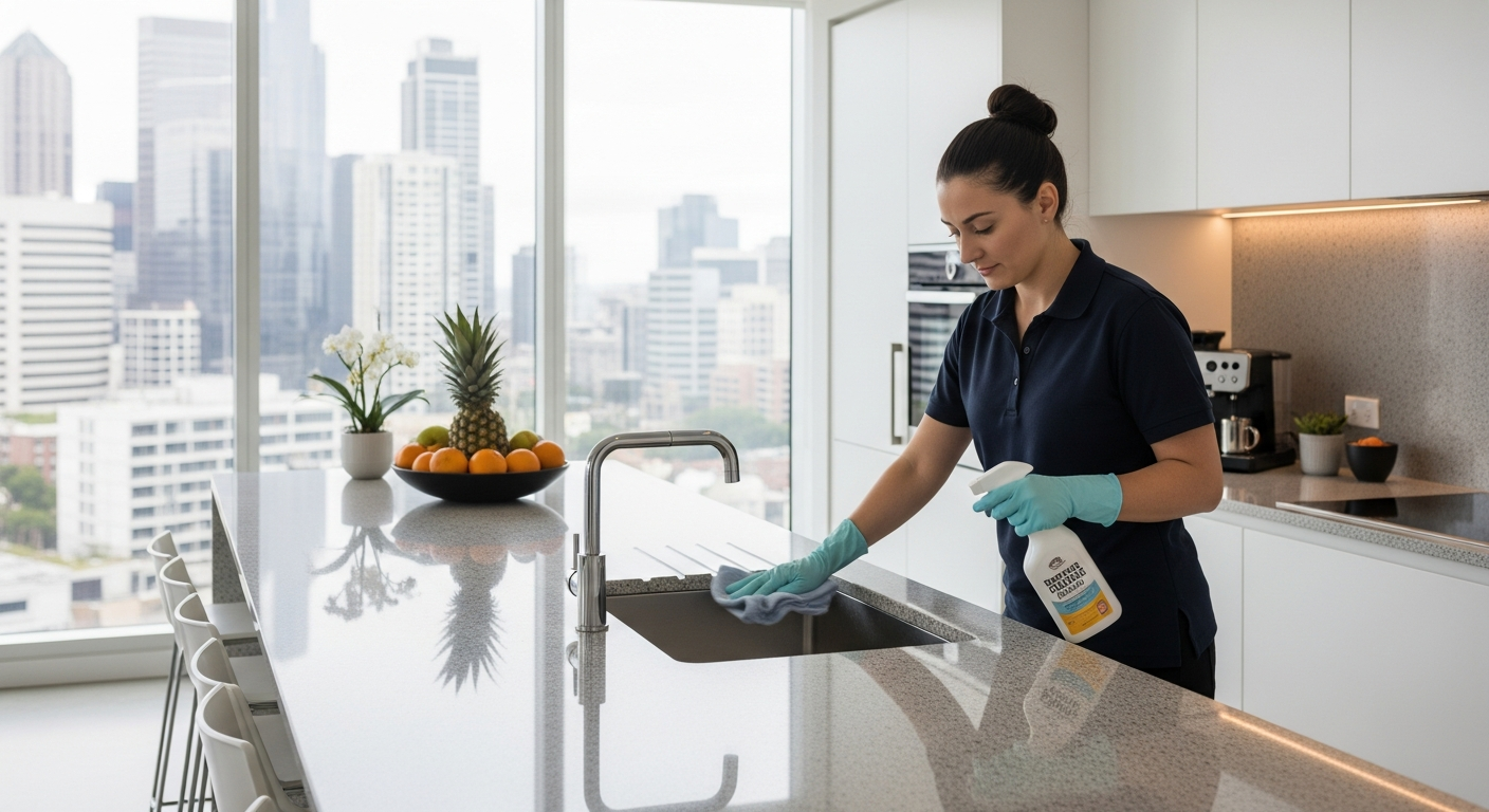Cleaner polishing kitchen bench in a modern apartment