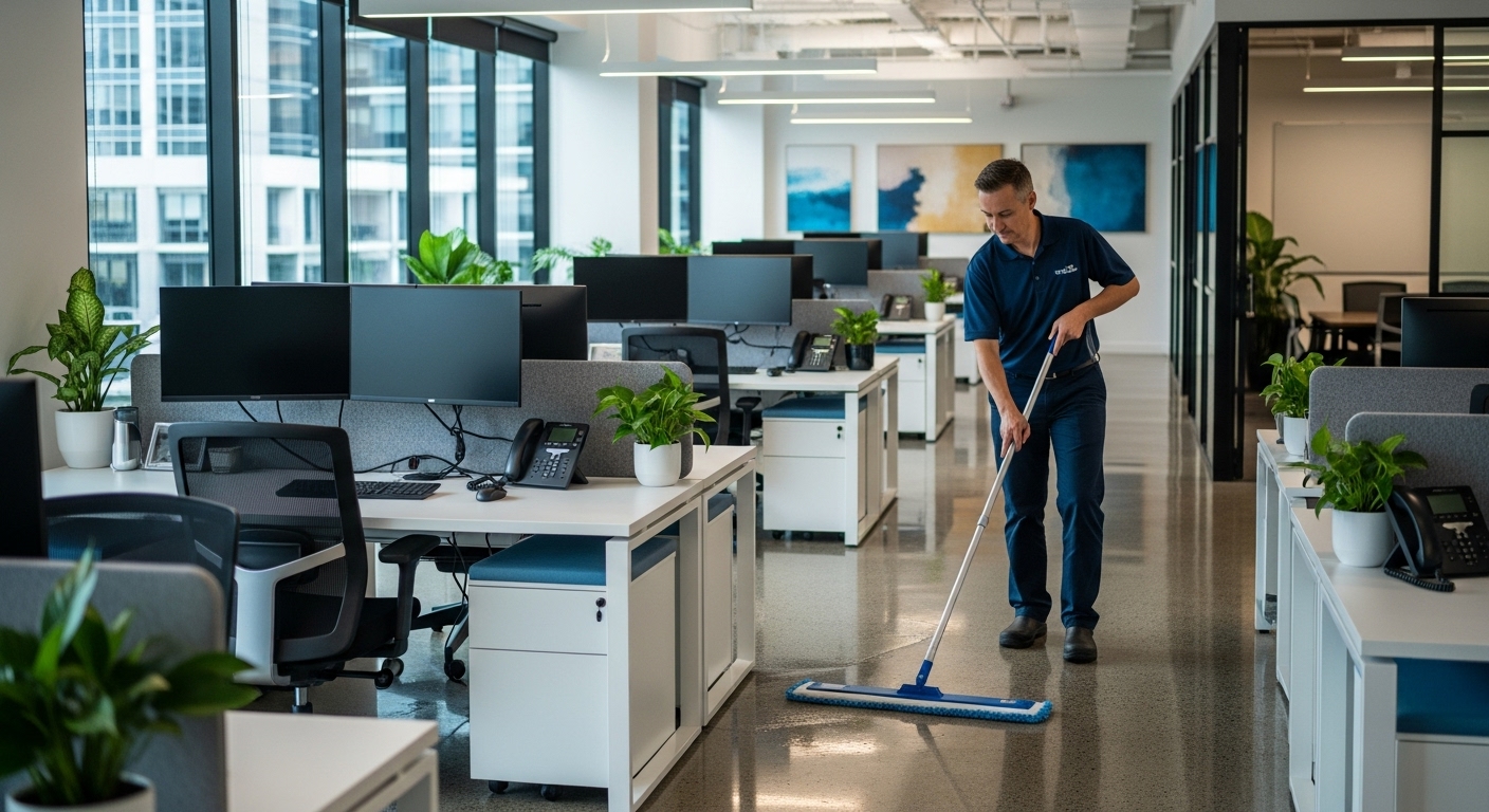 Cleaner mopping office floor in Maitland