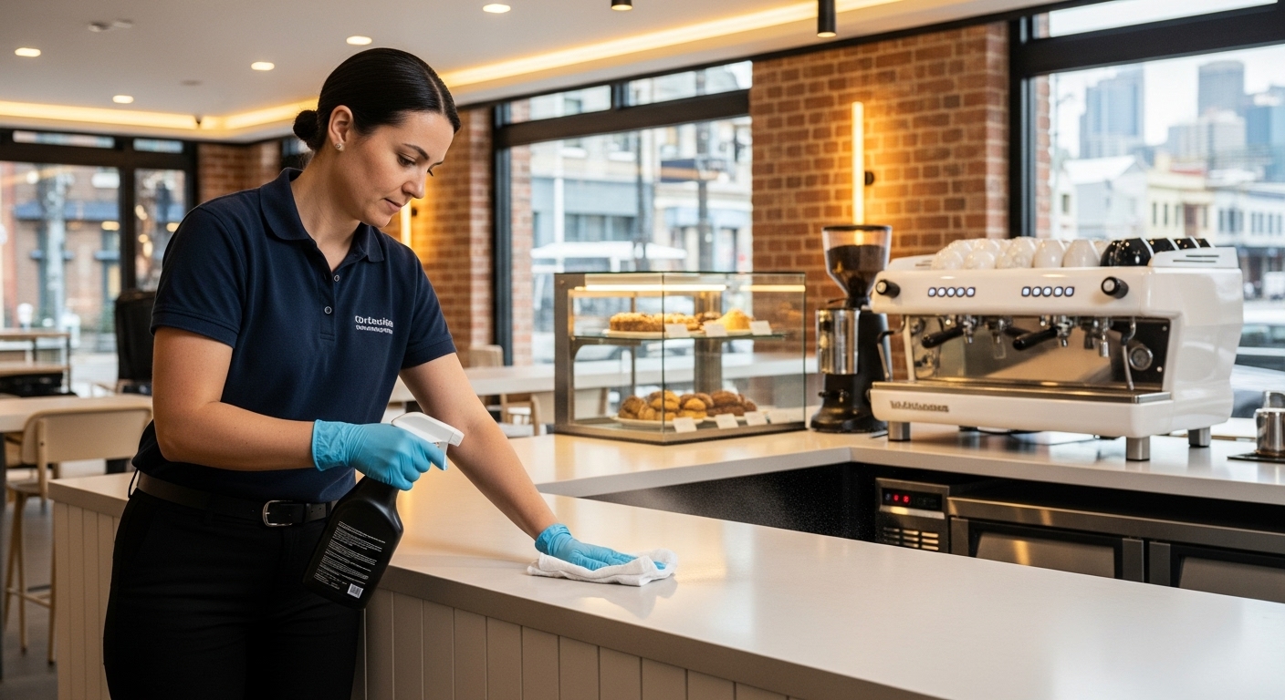 Cleaner sanitising cafe counter