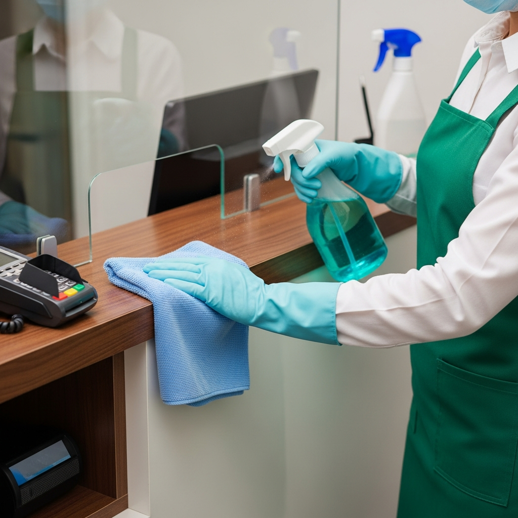 Cleaner sanitising office reception