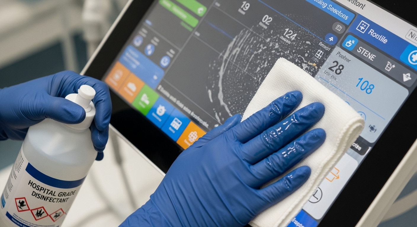 Cleaner using disinfectant on touchscreen