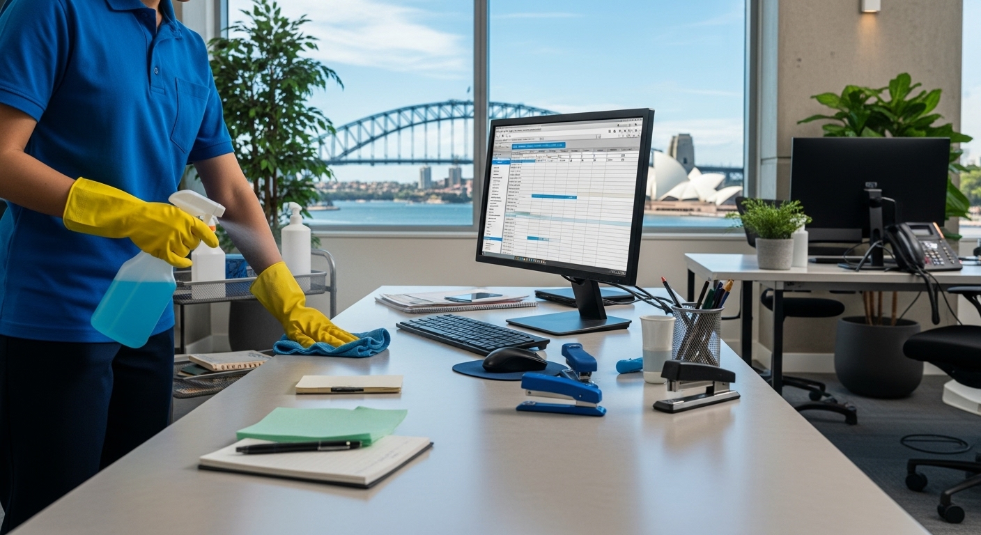 Office cleaning team sanitising a desk