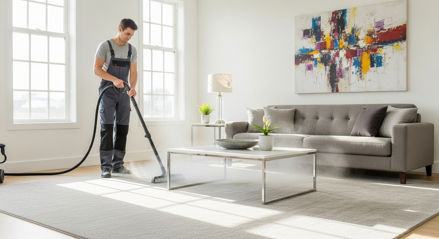 Cleaner steam-cleaning a carpet