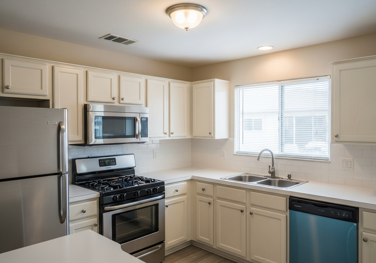 Bright clean kitchen ready for inspection