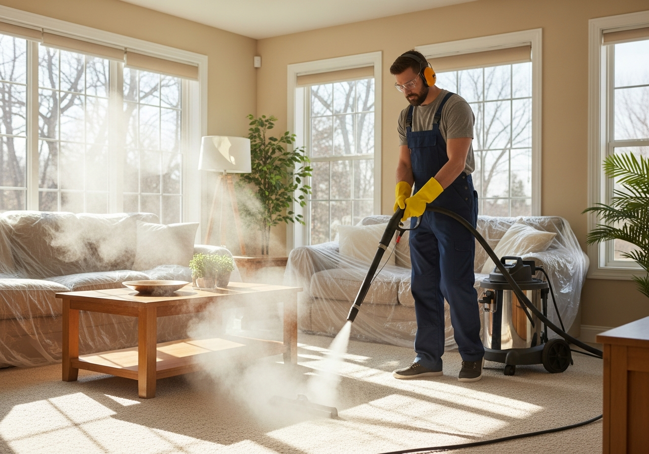 Cleaner steaming carpet in living room
