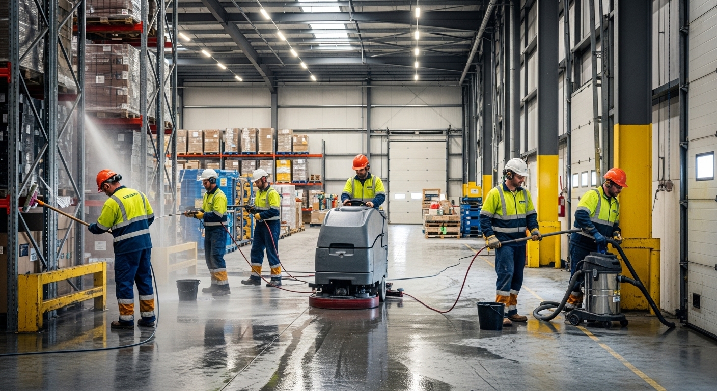 industrial cleaners working in warehouse