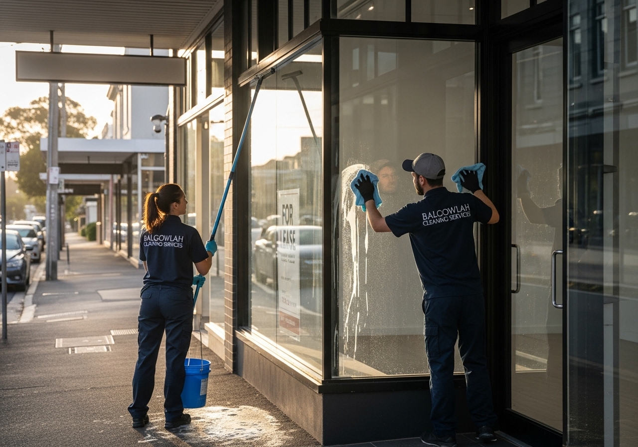 Cleaners preparing retail shopfront for handover in Balgowlah