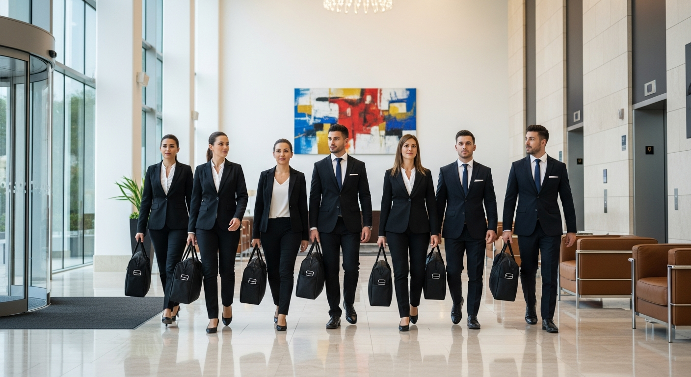 Commercial cleaners in lobby