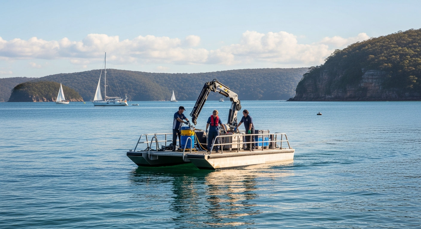 Crew loading equipment onto barge at Pittwater