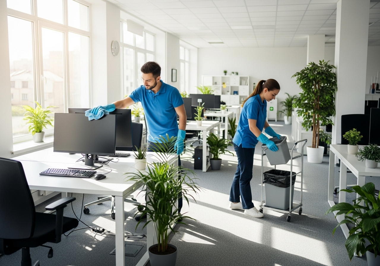 Cleaners sanitizing desks in a modern office
