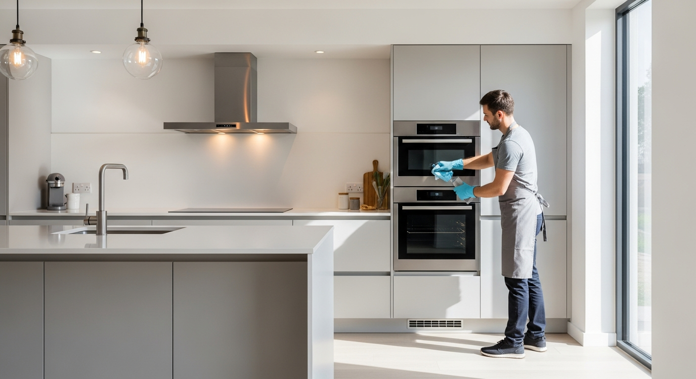 Cleaner working on oven