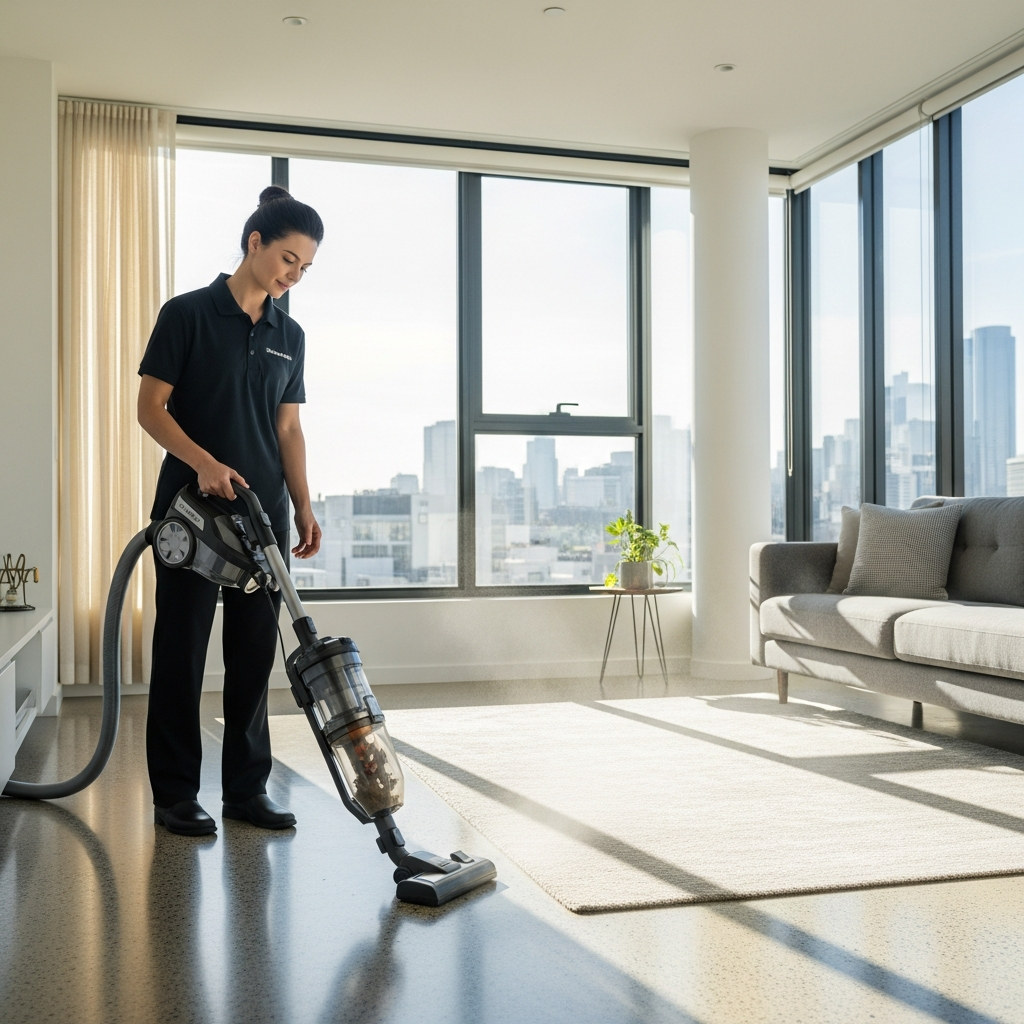 Cleaner vacuuming apartment