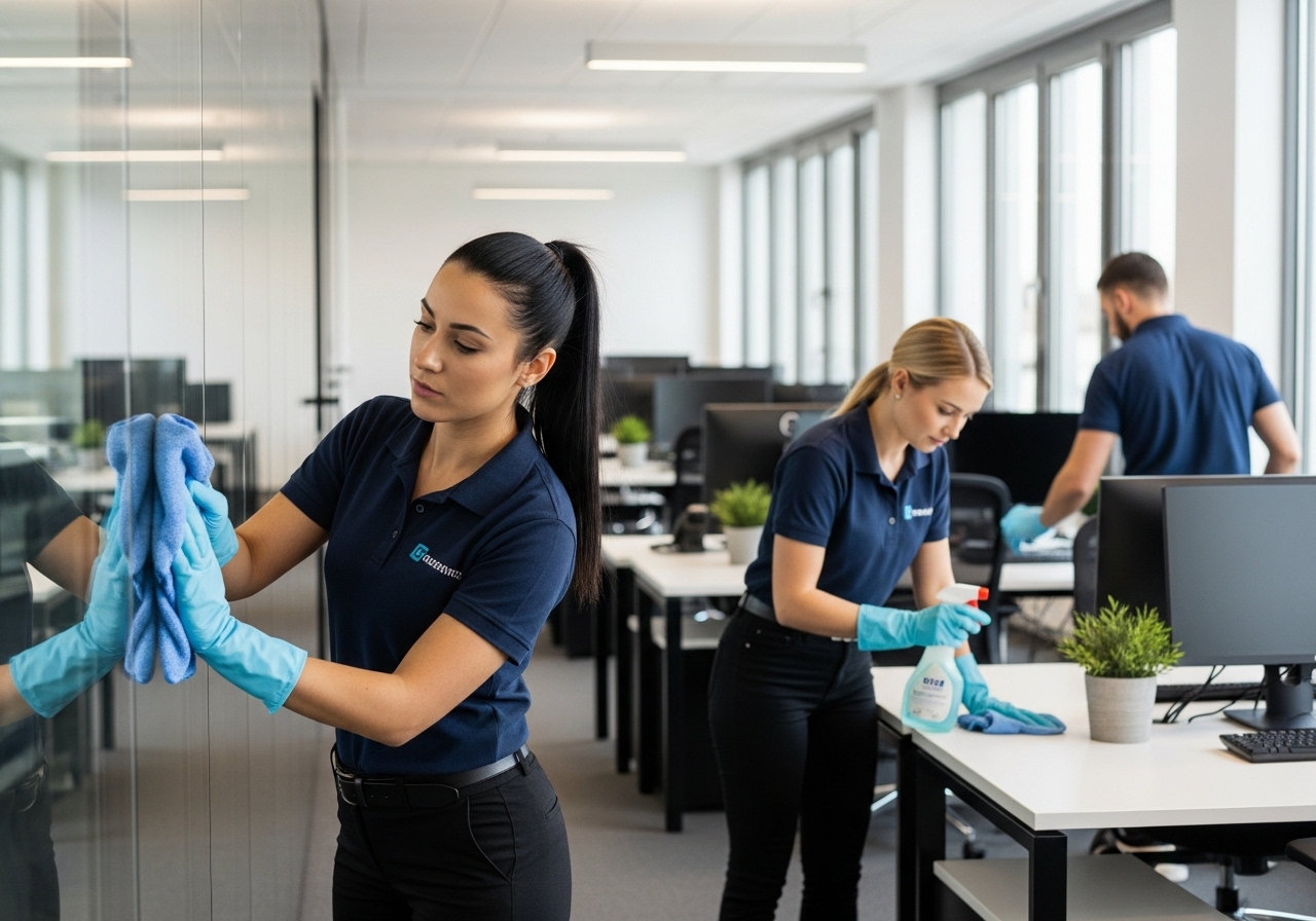 commercial cleaning team wiping desks and glass
