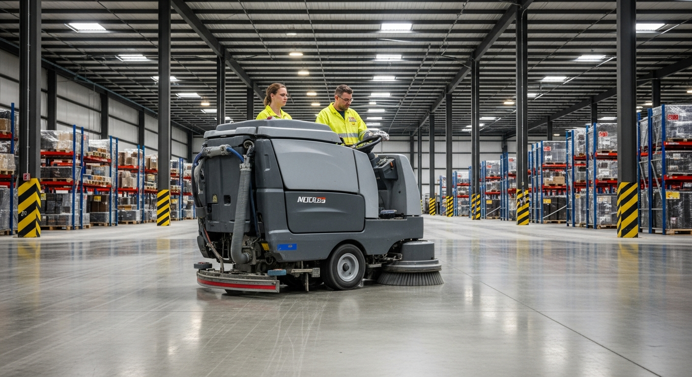 Warehouse cleaning with industrial floor scrubber