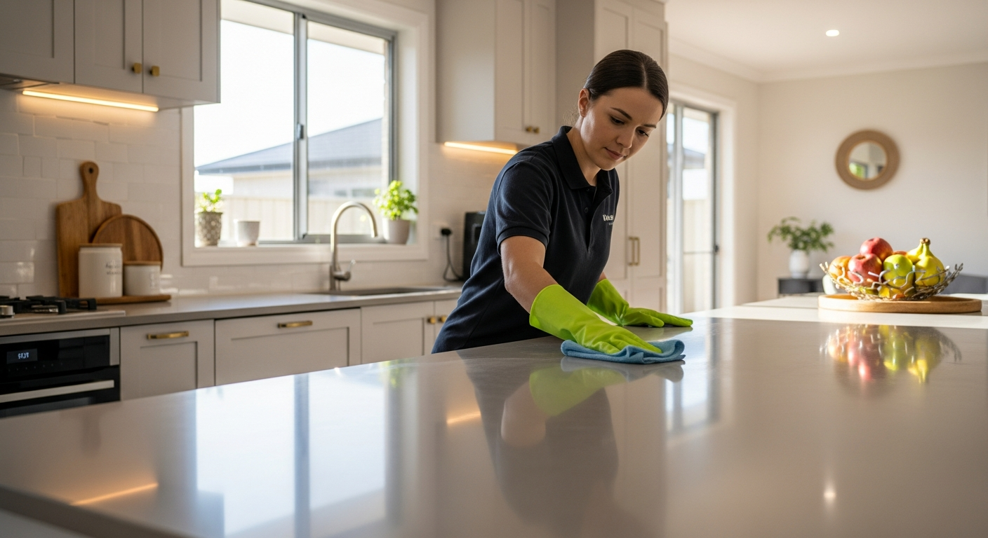 Professional cleaner polishing kitchen benchtop