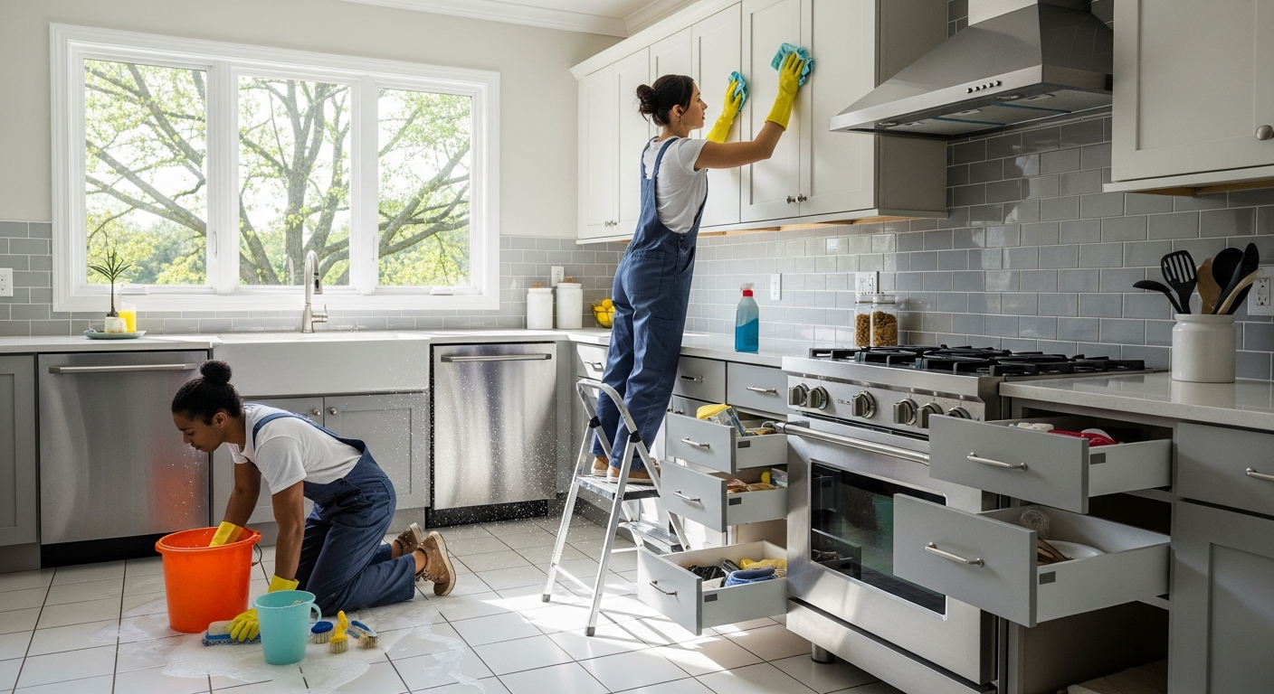 End of lease cleaning team working in a light kitchen