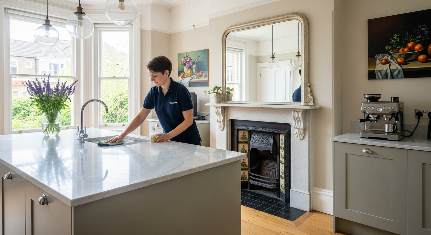 End of lease cleaner polishing kitchen bench