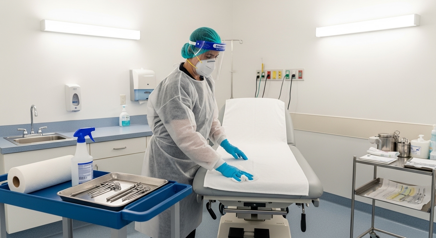 Cleaning professional preparing treatment room