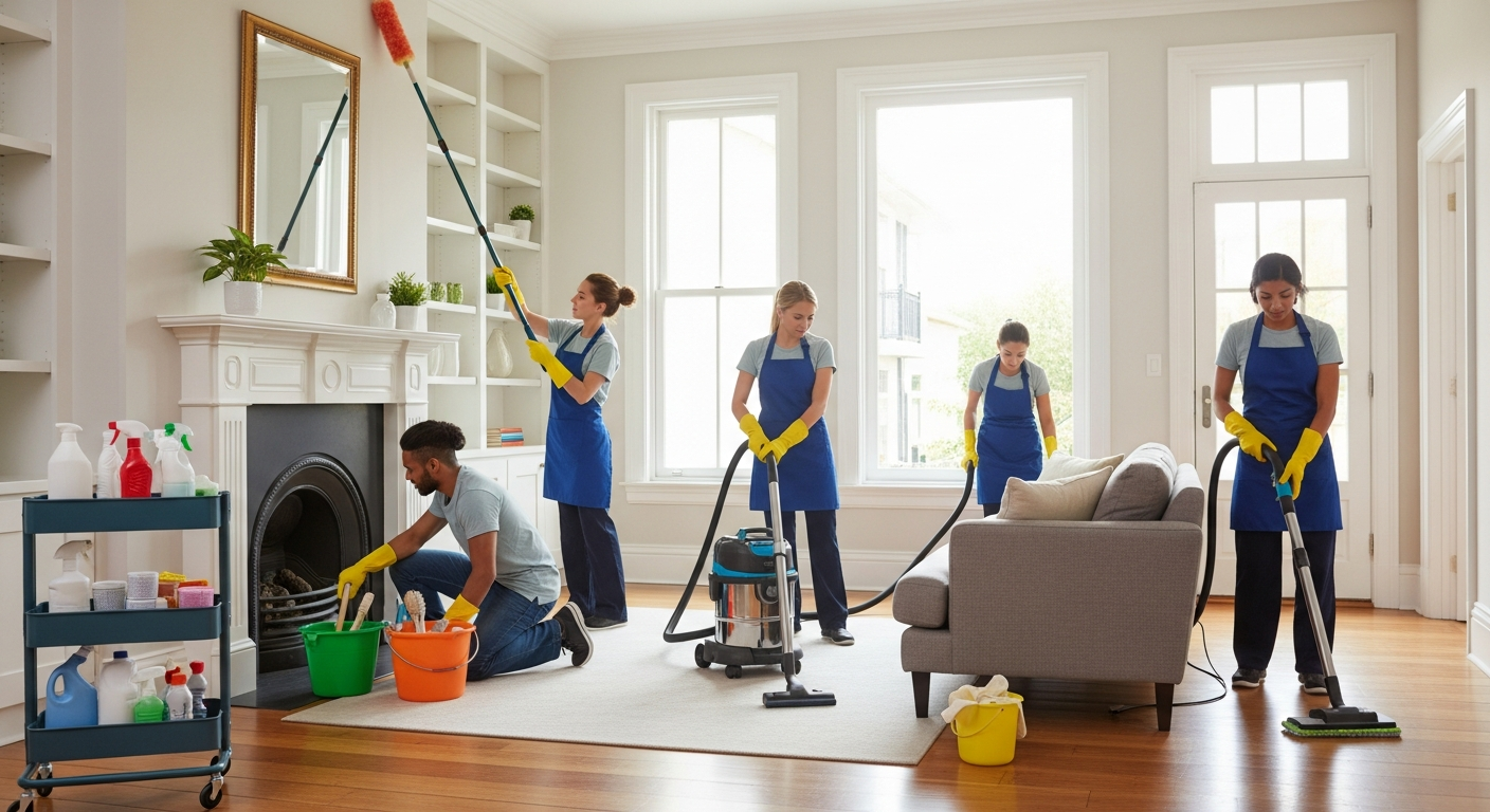 End of lease cleaning team in living room