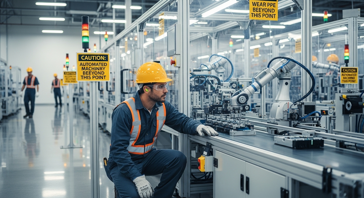 Technician inspecting a clean factory production line