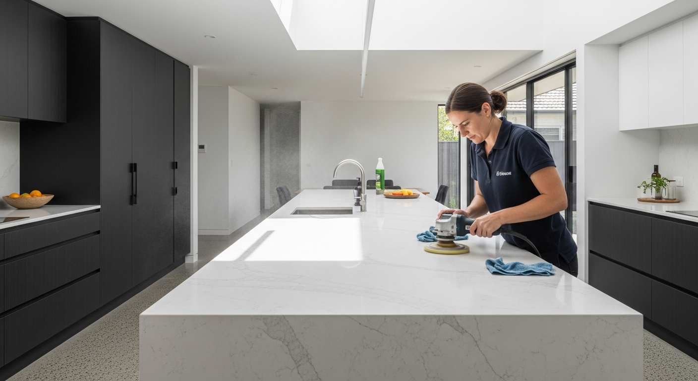 End of lease cleaner polishing kitchen benchtop