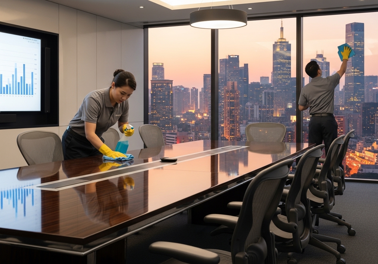 Polishing conference table in a boardroom