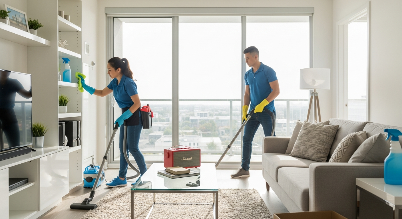 End of lease cleaning team preparing in apartment