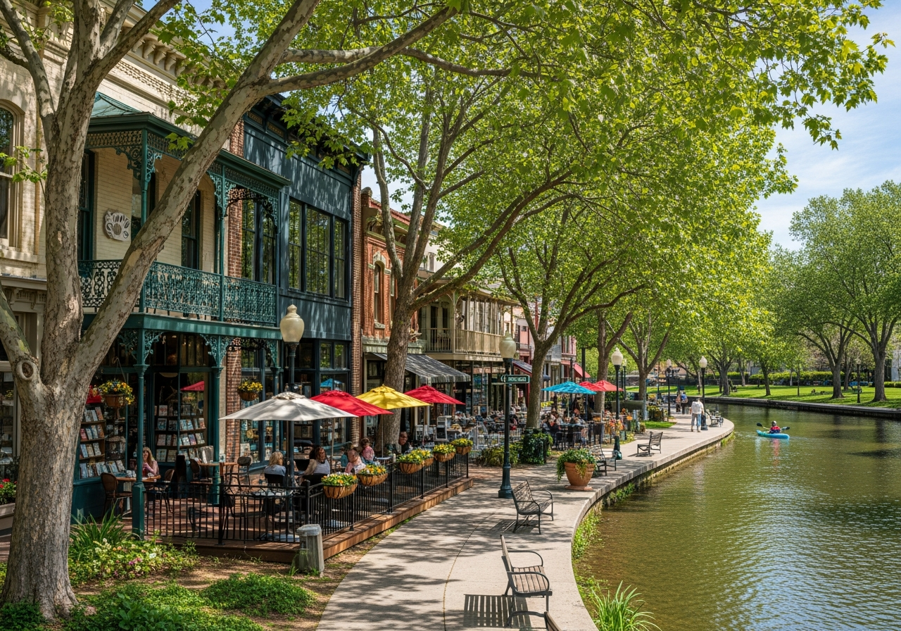Riverview riverside street and local businesses