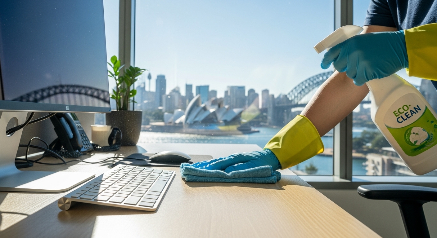 Cleaner wiping office desk with eco-friendly products