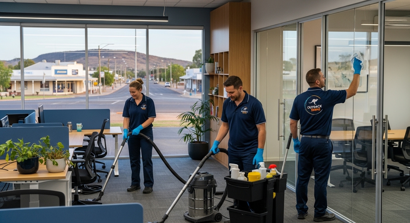 Professional cleaners working in office