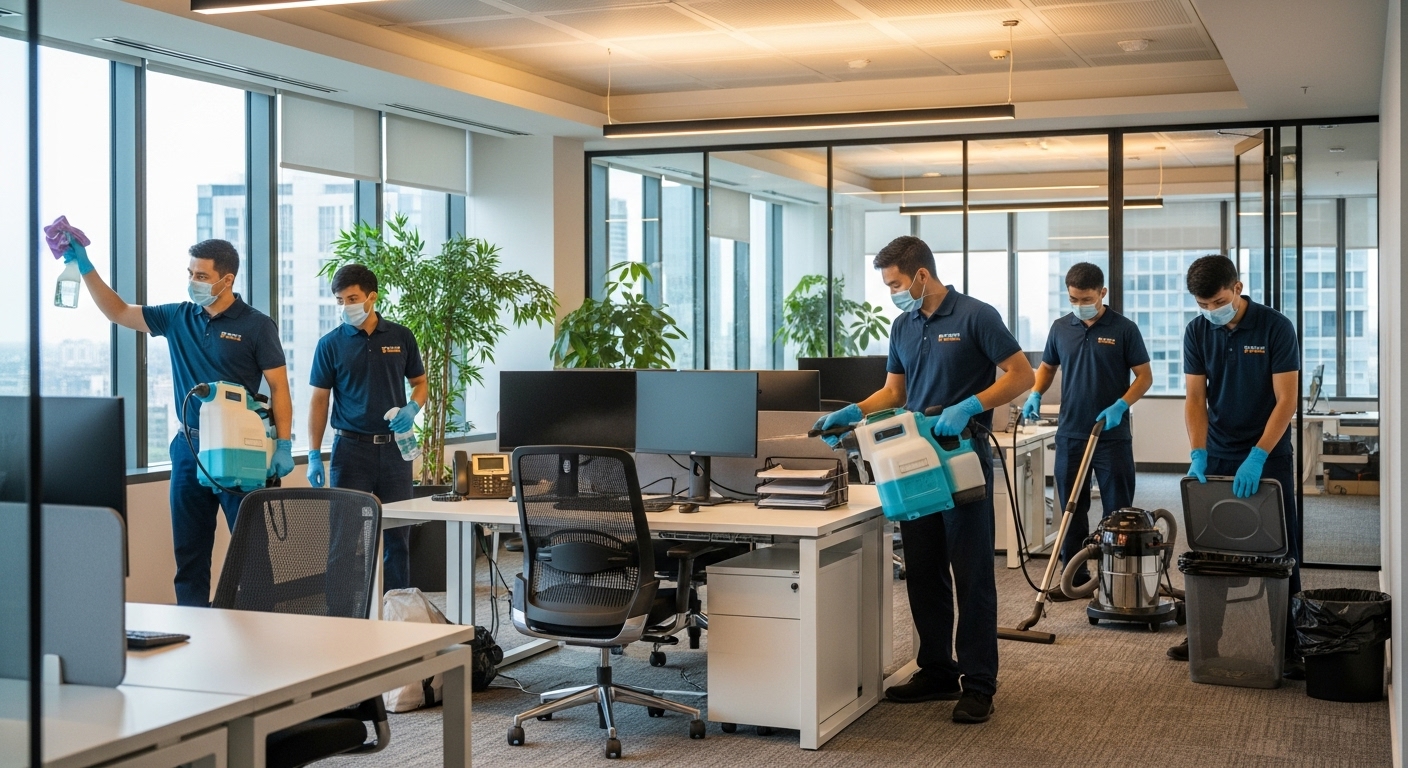 Professional cleaners sanitising office