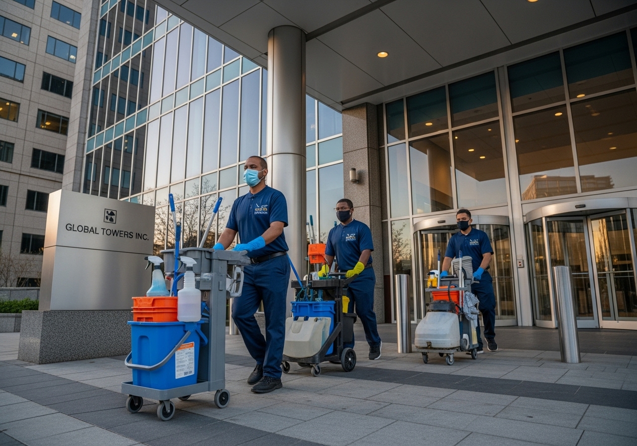 Cleaning crew arriving at corporate building