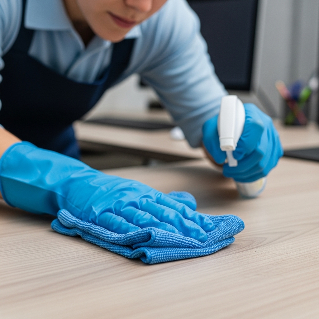 professional cleaner polishing desk