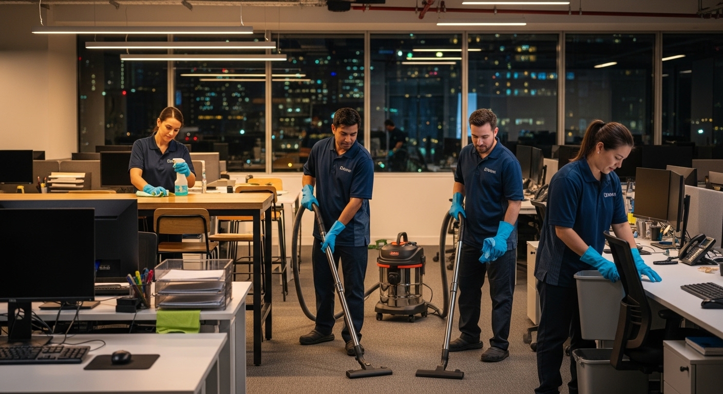 Professional cleaners in Melbourne office at night
