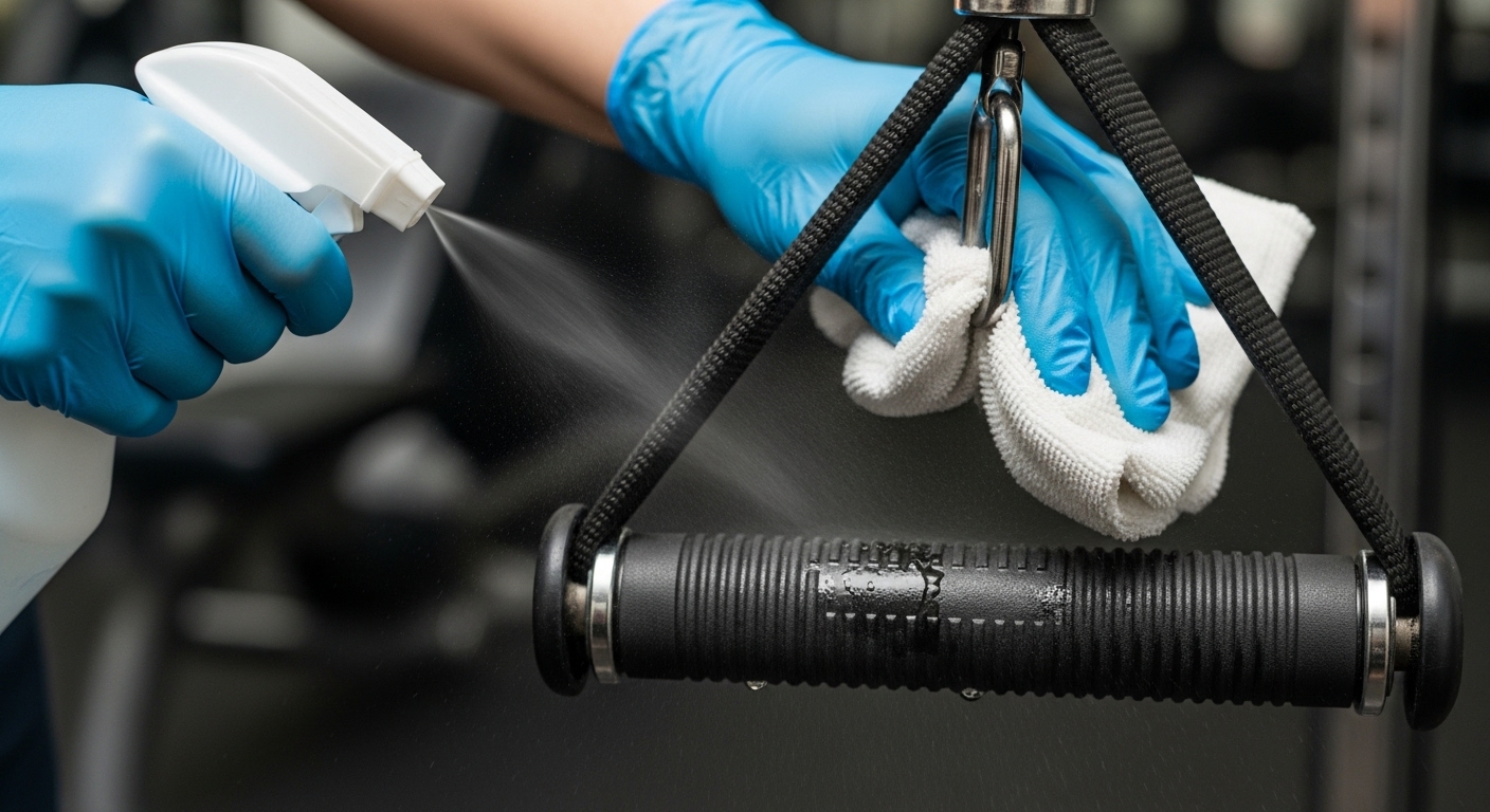 Cleaner sanitising gym equipment