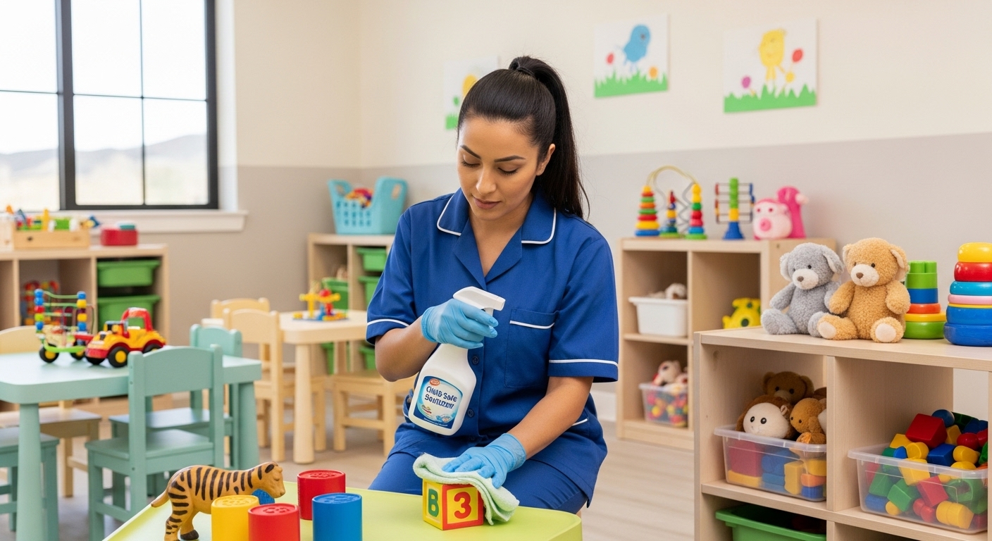 Cleaner sanitising toys in childcare centre