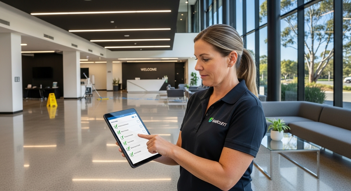 Supervisor checking cleaning checklist on tablet