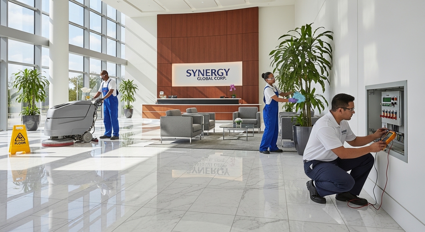 Facility maintenance team working in corporate reception