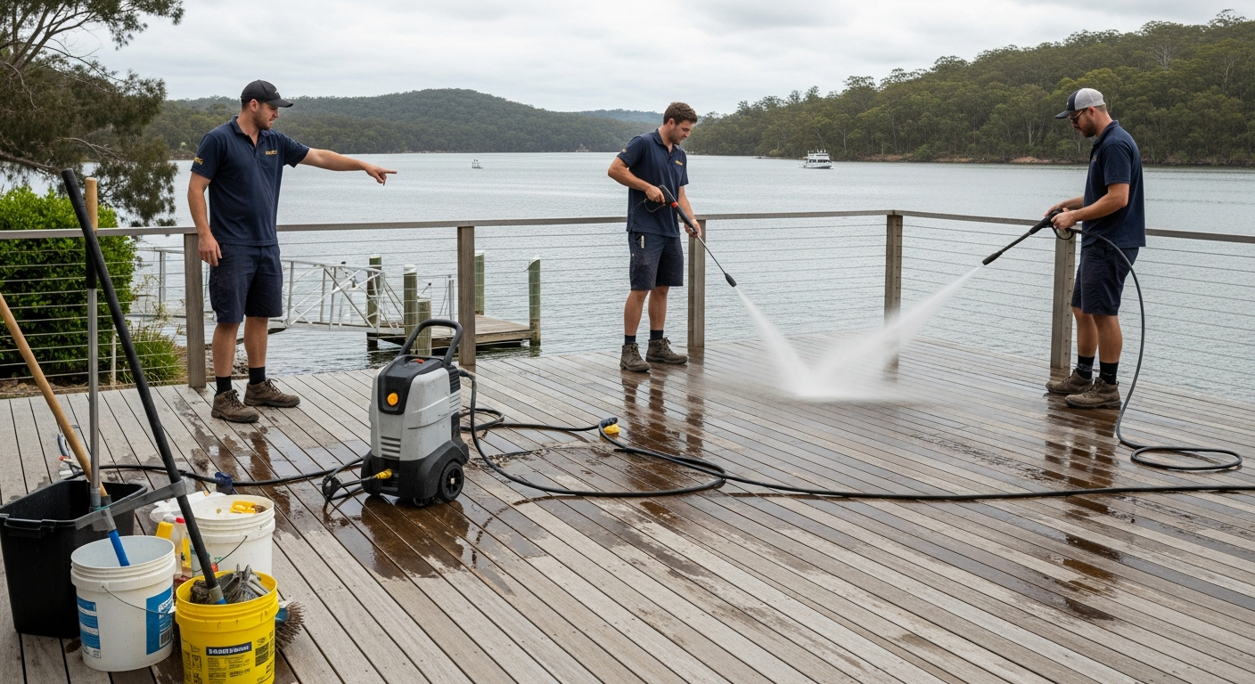 Deck cleaning at a Berowra Waters property